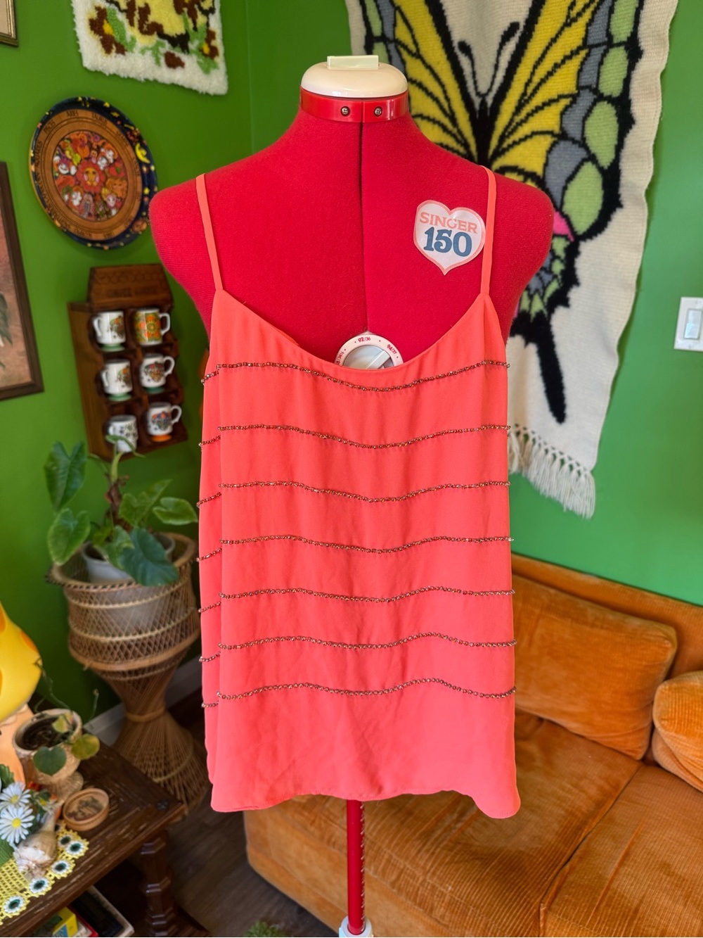 Dex Coral Beaded Stripe Spaghetti Strap Cami